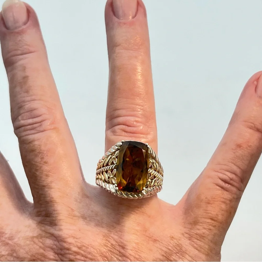 Silver Citrine & Gold Tone Ring | Large Faceted Gem Stone | 925 Sterling